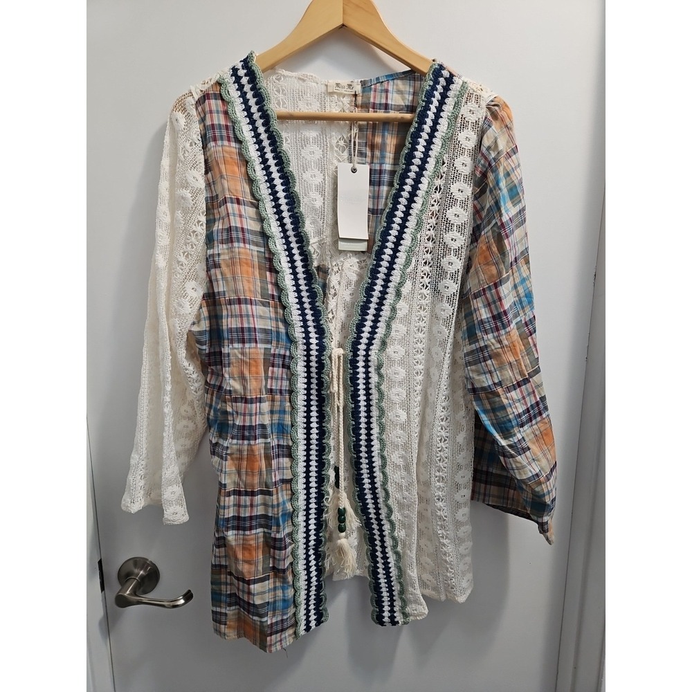 Miss Me Pieced Cardigan Lace Front Tie Plaid Nwt Size Small